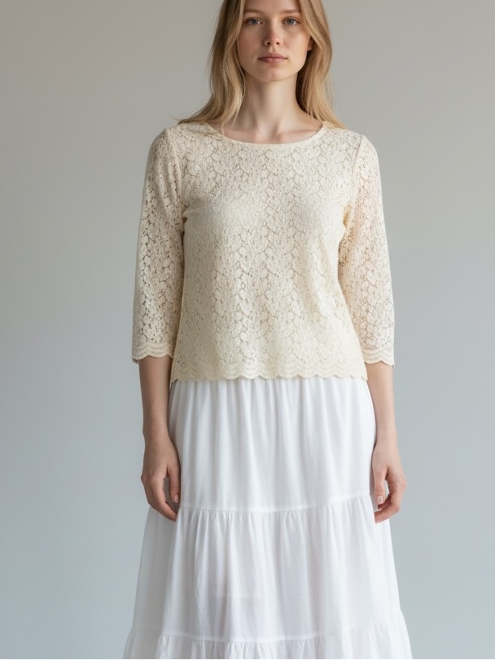 Vintage 90s Boho Cream All Lace Long-Sleeve Top with Back Button Detail